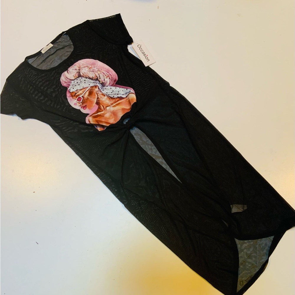 OCCASION women’s Tunic. Sz S. Black Sheer with woman’s face and Bling